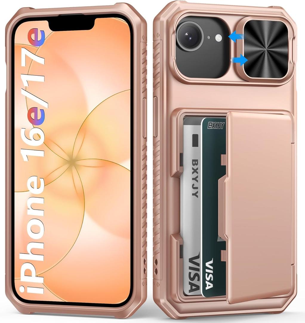 BXYJY for iPhone 16e Phone Case Wallet, Built-in Card Holder (4-5 Cards), RFID Block, Slide Camera Cover, Military Grade Protection, Rugged Women Girly Men Protective Case for iPhone16 E, Rose Gold