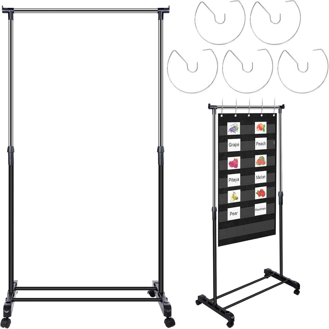 Fuyoooo Adjustable Pocket Chart Stand Stainless Steel Expandable Chart Stand with Casters Rolling Anchor Holder with 5 Rings for Classroom Home Educational Tools, Adjustable to 63 Inch(Black)