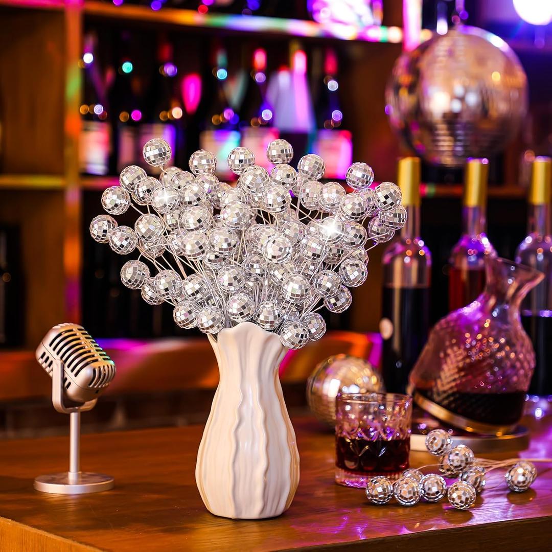 Knitgrip 20 Pcs Disco Party Decorations Silver Glitter Mini Disco Balls Flower Picks Floral Arrangement Mirror Balls Ornaments Sticks Bulk 14 Inch Sticks Planter Vases Glitter Stems for Wedding