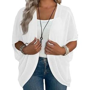 Eytino Women Plus Size Lightweight Cardigan Half Sleeve Knitted Summer Kimono Cover Up Tops Resort Wear, 3X White