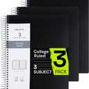 Spiral Notebook for School 3 Pack, 3 Subject, College Ruled Paper, 150 Sheets, 9" x 11", 3 Dividers with Pockets, 3 Hole Punched Perforated, Plastic Cover, Lined Journal Bulk, Black