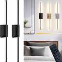 Battery Operated Wireless Wall Sconce - Modern Rechargeable Led Sconces in Black Gold Silver - Bedroom Decor Stick On Lights Set of 2 - Long Indoor Living Room Bathroom Remote Wall Light