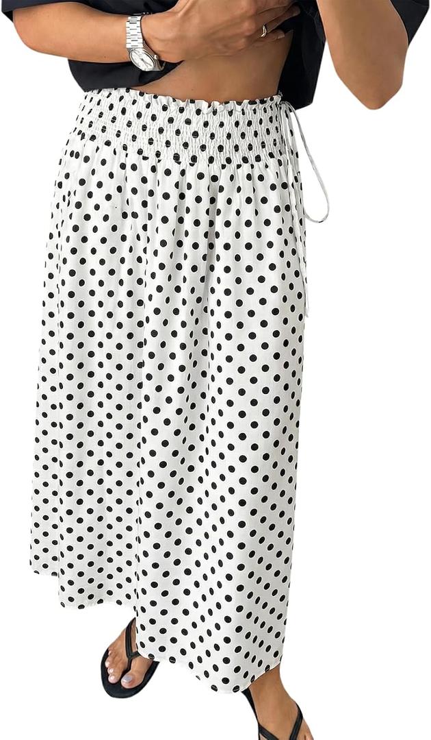 Tankaneo Womens Polka Dot Maxi Skirts Boho Smocked High Waisted Tie Skirt Casual Beach Vacation Dress (White, S)