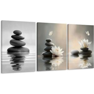 Lotus Wall Art Zen Stones in The Water Bathroom Calming Meditation Butterfly Framed Breathe Spiritual Canvas for Bathroom Living Room Yoga, Set of 3, 12x16 Inch - Ready to Hang
