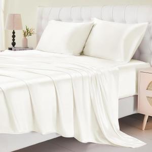 Satin Sheets, King Size Sheets Set, 4 Pcs Cooling Soft Bed Sheets, Silky Bedding Set with Deep Pocket up to 15 inches-White