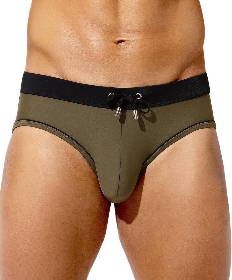 Casey Kevin Men's Swim Briefs Sexy Bikini Swimwear Quick Dry Drawstring Swimsuits Board Surf Shorts (Green, XL)