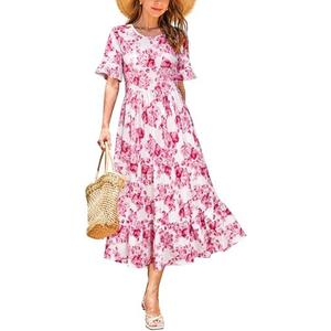 STYLEWORD Women's Summer 2025 Casual Short Sleeve Tiered Flowy Spring Dress Long Midi Beach Sundress Vacation Outfits M