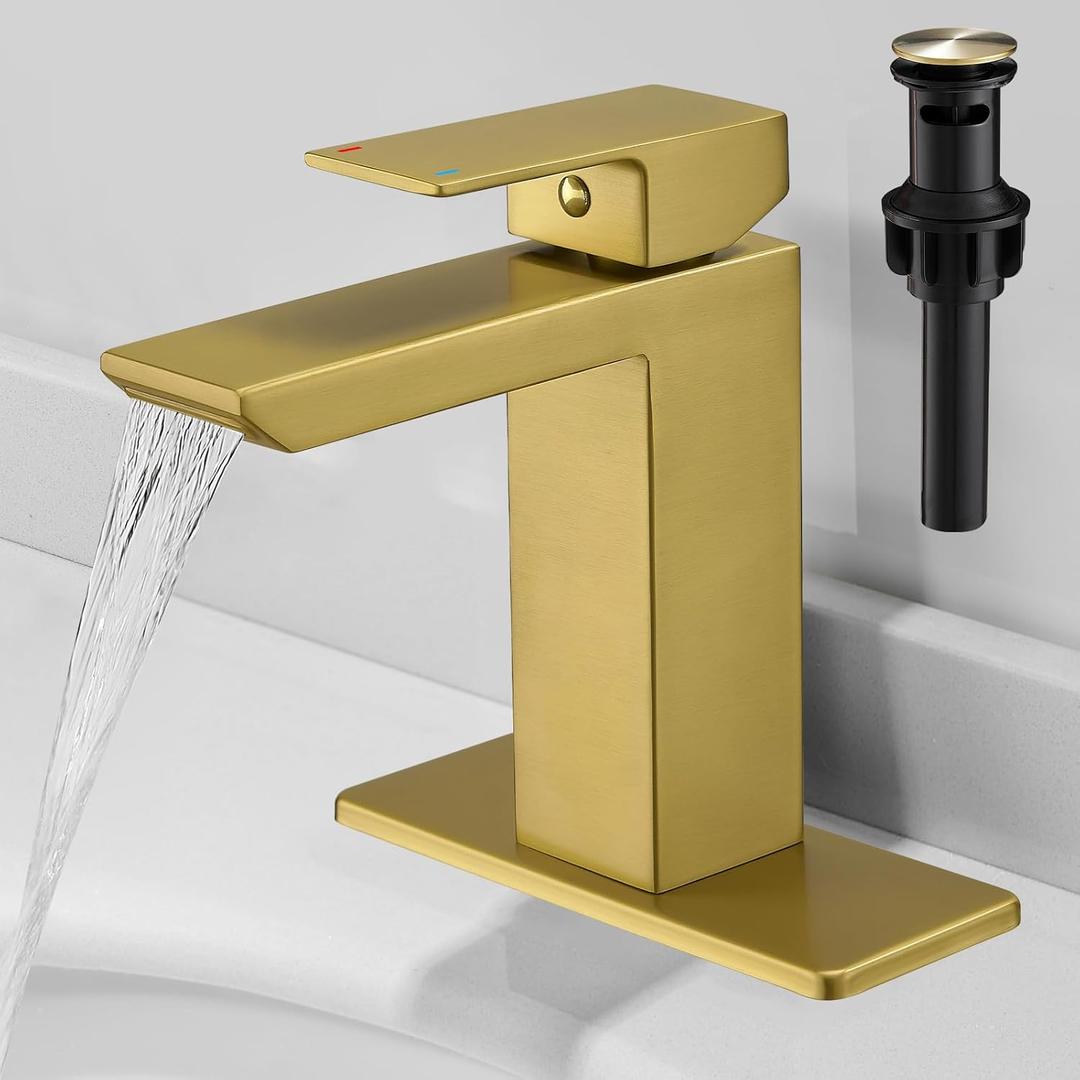 RUMOSE Brushed Gold Bathroom Faucets Set with Pop Up Drain Single Handle Bathroom Sink Faucet 1 & 3 Hole Waterfall Spout Vanity Faucet Kit with Deck Plate RV Lavatory Basin Faucet, Stainless Steel (Brushed Gold)