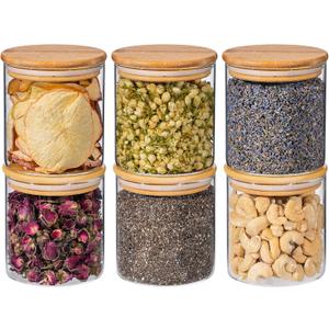 20oz 6PCS Round Airtight Glass Food Storage Jars, Clear Glass Food Container with Bamboo Lid, Stackable Spice Jar, Small Kitchen Storage for Sugar, Tea, Coffee bean, Pasta, Oat, Spice