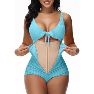 SHAPSHE Tummy Control Swimsuits Women V Neck One Piece Bathing Suit Ruched Push Up Slimming Swimwear Built-in Bra Shapewear Swimsuits Blue, size XL