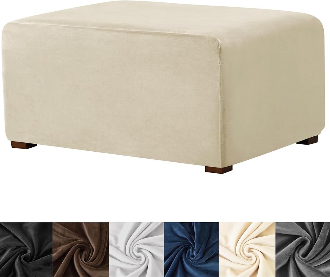 HFCNMY Ottoman Cover Rectangle,Stretch Velvet Slipcovers Rectangle Thick Covers Slipcover for Ottomans Soft Foot Stool with Elastic Bottom Beige Large (ASMFDT20230725-8)