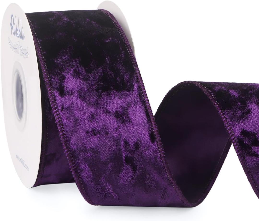 Ribbli Purple Velvet Wired Ribbon 2.5 Inch Crushed Velvet Christmas Ribbon for Gift Wrapping Christmas Tree Decoration Crafts Wreaths Supplies-Continuous 10 Yards