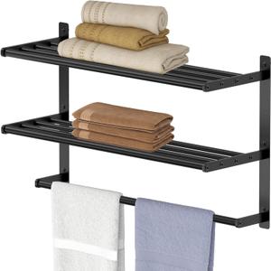 Hotel Towel Rack with 3-Tier Shelf, 24 Inch Wall Mounted Bathroom Bar, Matte Black Lavatory Bath Tower