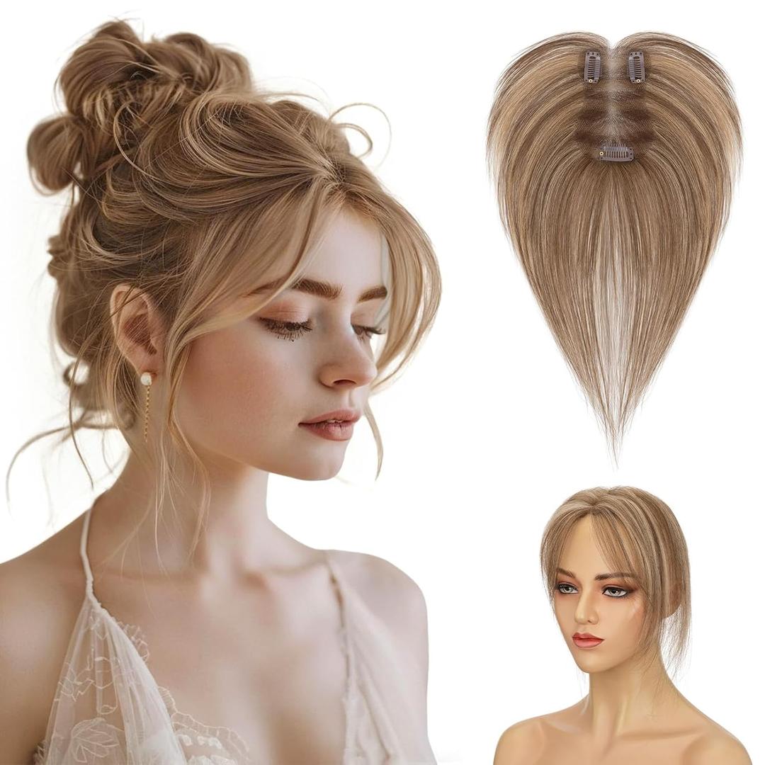 Hairro Human Hair Toppers For Women Middle Part Short Wiglet Hairpieces Natural No Bang Fringe Side Bangs Hair Clip 14g #4P27 Medium Brown Mix Dark Blonde