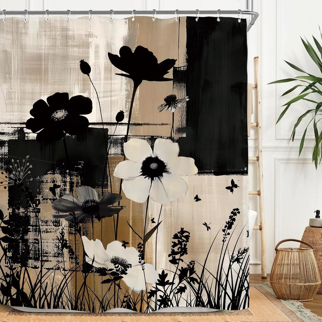 Miyotaa Abstract Modern Plant Flower Shower Curtain Set 60Wx71H Inches Black Tan Contemporary Minimalist Brushstroke Botanical Art Waterproof Bathroom Curtain with 12 Hooks