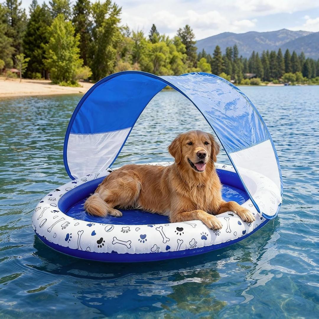 Seenelling Dog Pool Float with Canopy Inflatable Dog Water Raft for Lake Pet Swimming Float Lounger with Shade for Small Medium Large Dogs Pet Pool Accessories (Blue,57x39in,Oval)