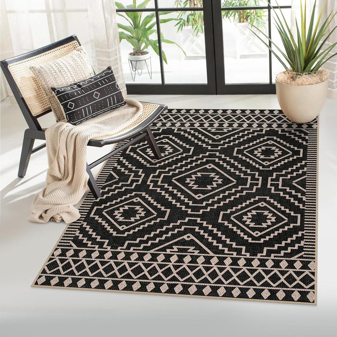 Lahome Bijou Moroccan Easy Jute Carpet, 3x5 Indoor Outdoor Entryway Patio Rug 3x5 Farmhouse Black Washable Living Room Rug, Non Slip Indoor Outdoor Carpet for Patio Courtyard Deck