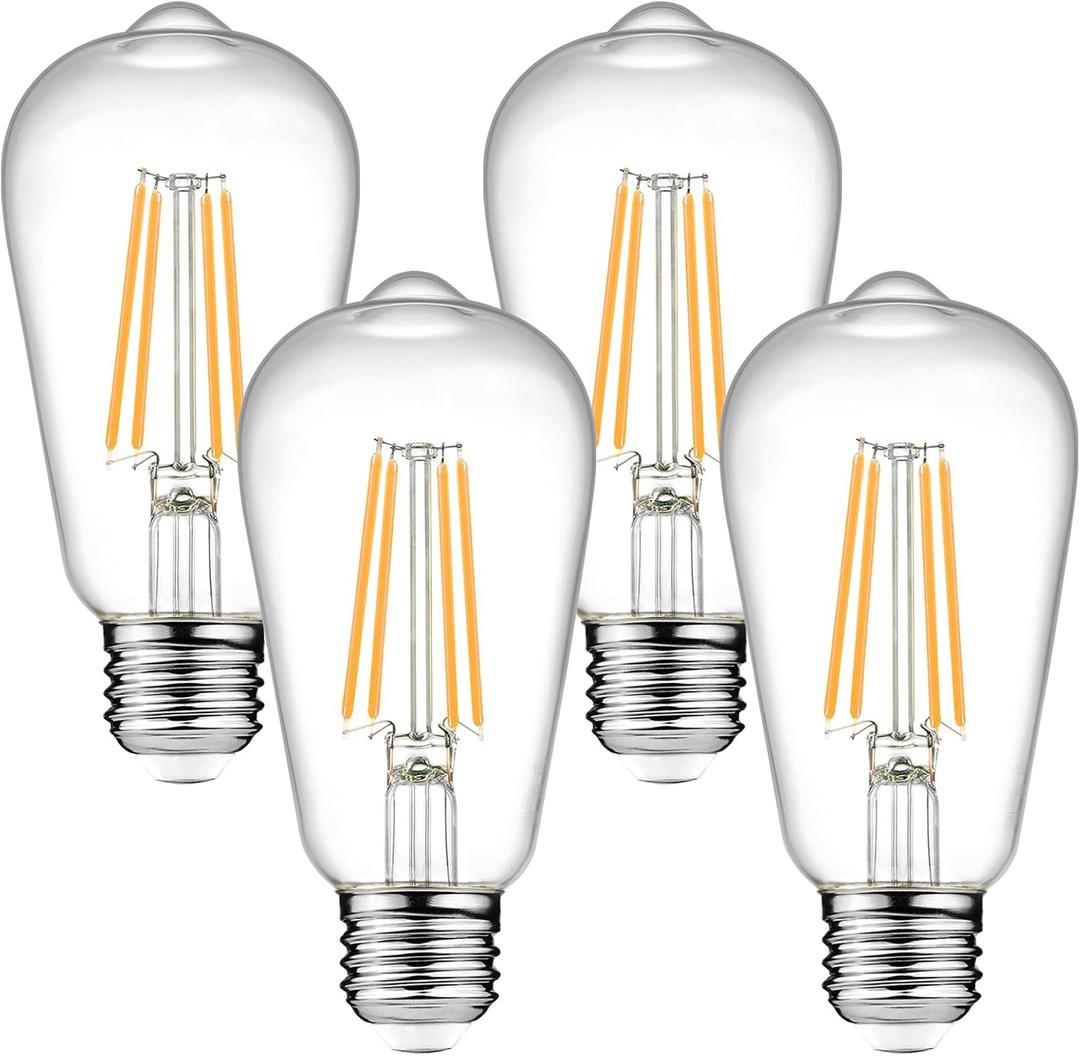 Ascher Dimmable Vintage LED Edison Bulbs, 6W, Equivalent 60W, 700 Lumens, 80+ CRI,Warm White 2700K, ST58 Antique LED Filament Bulbs, E26 Medium Base, Clear Glass, Pack of 4