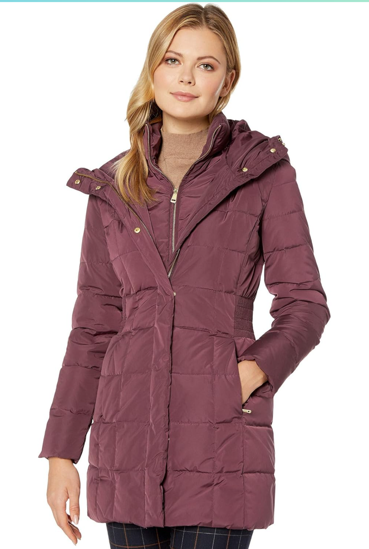 Cole Haan Women's Taffeta Down Coat with Bib Front and Dramatic Hood ,Size S