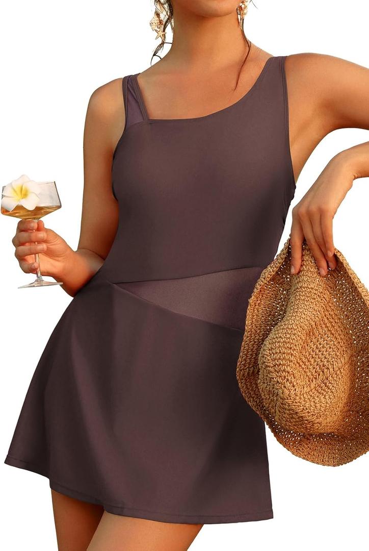 Aleumdr Women's One Piece Swim Dress Tummy Control Swimsuits Modest Full Coverage Mesh Bathing Suits with Skirt (Large, Dark Brown)