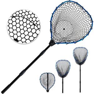Telescoping Metal Lock Fishing Net Blue Aluminum Alloy Rubber Fish Net - Adjustable Length Lightweight Foldable Large Fishing Net with Handle Collapsible Extendable Fishing Accessories (Blue:3-section pole|length:63.7")