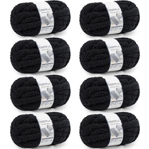 Cozyful Chunky Yarn for Hand Knitting - #10 Chunky Chenille Yarn, Jumbo Big Thick Chunky Yarns for Crocheting, Super Bulky Chunky Knit Blanket Yarns, 8 Skein (25 yds 8 oz Each Skein), Black