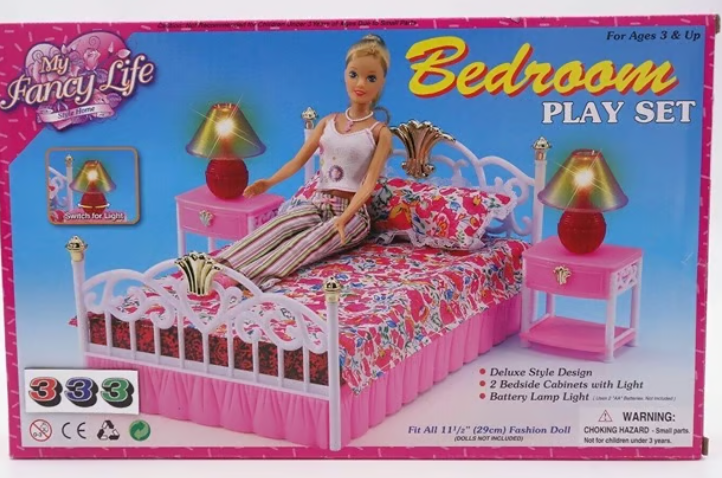 My Fancy Life Dollhouse Furniture Set, Bedroom and Beauty Play Set, White and Pink with Floral Bedding