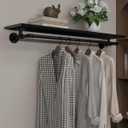 Black Clothes Rack 48in, Wall Mounted Garment Rack with Real Wood Shelf, Heavy Duty Hanging Clothes Rack, Multi-Purpose Hanging Rod, Space-Saving Closet Storage