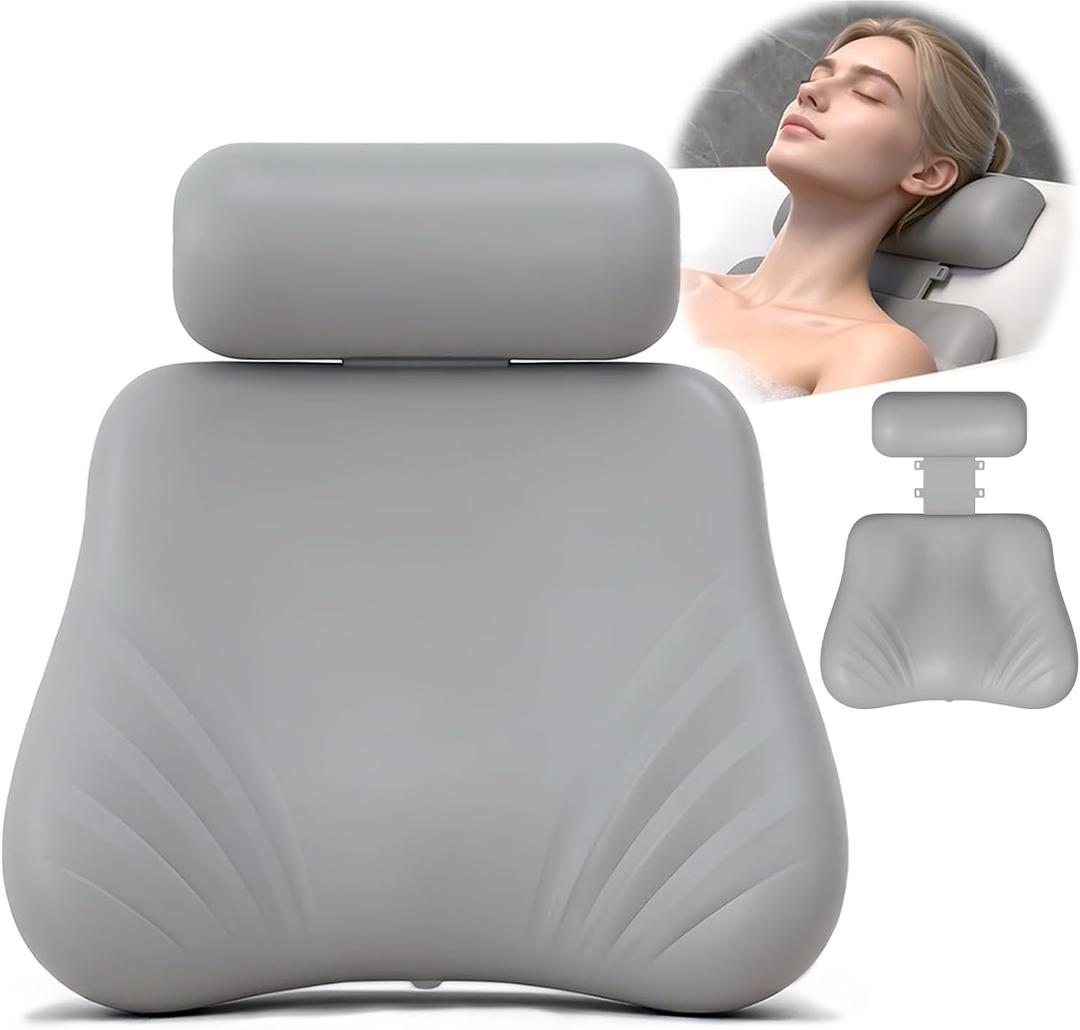 Silicone Bath Pillow, Upgraded Bath Pillows for Tub, Adjustable Height Bathtub Pillow for Head and Neck, 4D Luxury Tub Pillow Skin-Friendly Large Suction Cups Stability, Spa Relaxation-Grey