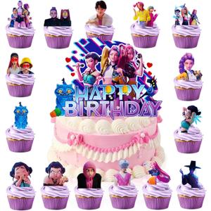 16Pcs Cute Anime Cake Decorations with 15pcs Cupcake Toppers, 1pcs Happy Birthday Cake Topper, Cartoon Themed Party Supplies, Perfect for Birthday Party Decorations