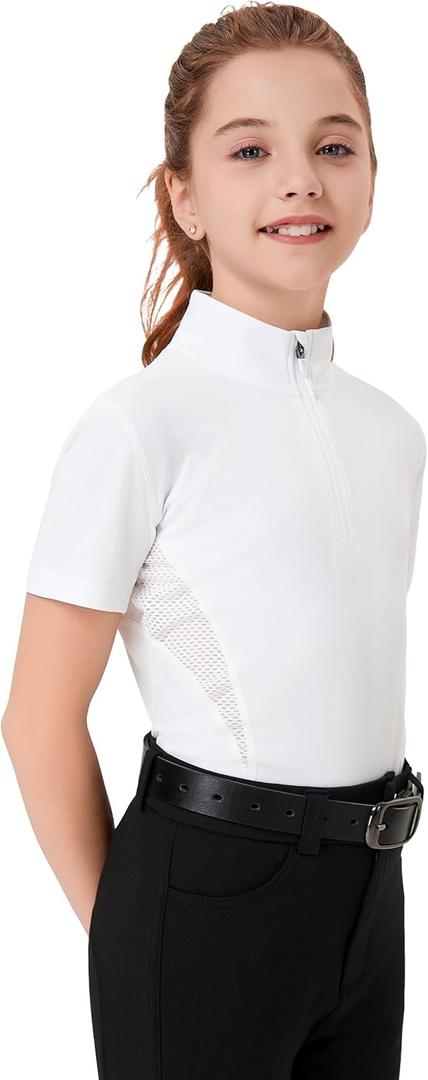 FitsT4 Sports Girls Short Sleeve Equestrian Shirt Quick Dry Horse Riding Shirts Half Zip Horseback Show Shirt (X-Large, White)