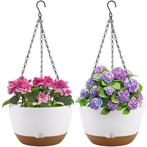 Dovesail 10 Inch Hanging Planter, 2 Pack Hanging Plastic Plant Self Watering Pot with Drainage Holes and Saucers, Hanging Baskets Flower Pots for Indoor Outdoor Garden Plants and Flowers-White