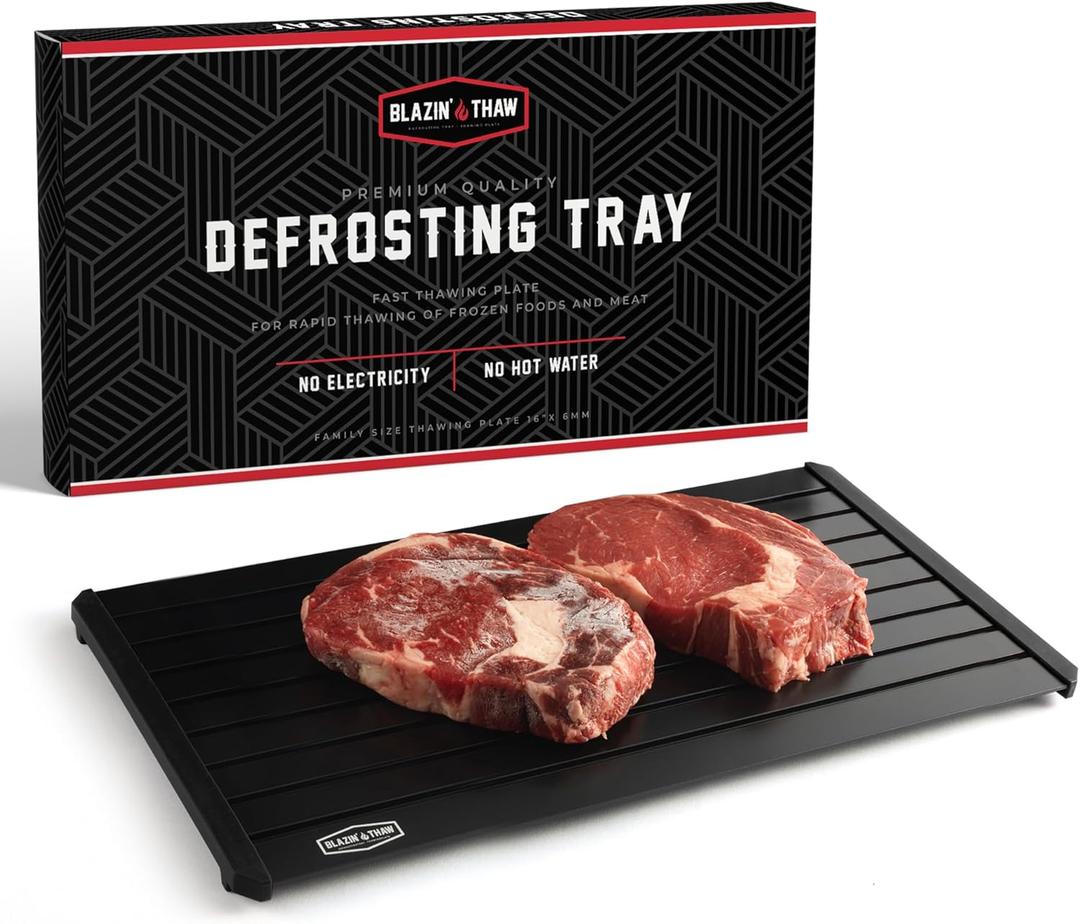 BLAZIN' THAW Defrosting Tray for Frozen Meat | 16" Family-Size | Aluminium Plate for Thawing Frozen Food | Natural Thawing Process | No Microwaves, No Cold/Warm Water Required | (16" x 8" x 0.2", Black)