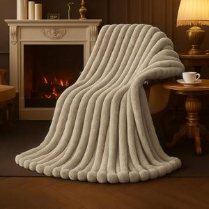 Amlie Home Faux Fur Throw Blanket for Couch, Cozy Fuzzy Fluffy Fur Luxurious Soft Striped Plush Gift Blankets for Family Sofa Chair Bedroom, 55"x70", Beige