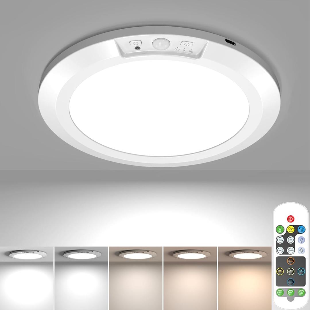 USB Rechargeable Motion Sensor Ceiling Light, Battery Operated Magnetic Closet Light with Remote 5 Color Temperatures Dimmable Timing Motion Activated Stairs Light for Pantry Shower Porch (1 Pack)