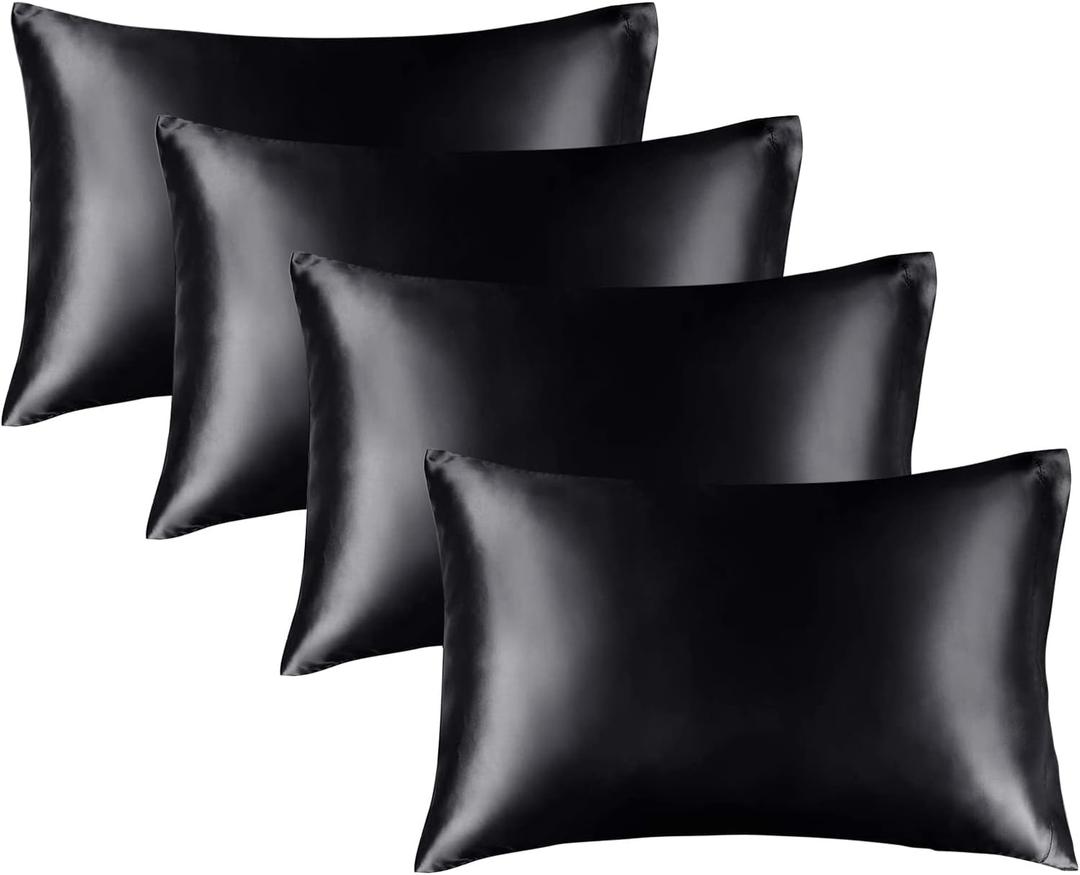 BEDELITE Satin Pillowcase for Hair and Skin, Super Soft Similar to Silk Pillow Cases 4 Pack with Envelope Closure, Cooling Pillowcases for Women Men (20"x26" Standard Size, Black)