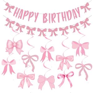 Pink Bow Birthday Decorations, Glitter Happy Birthday Banner and Hanging Swirls for Women Girls Bow Themed Party Decor, Baby Shower Party Supplies
