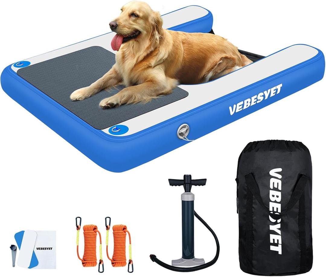 Inflatable Dog Water Ramp, 5FT Dog Floats Ramp Ladder for Pools, Boats, Docks, Sea and Lake, Non-Slip EVA Pool Ladder Platform for Pets Up to 220LBS (59"x39.4"x6", Blue)