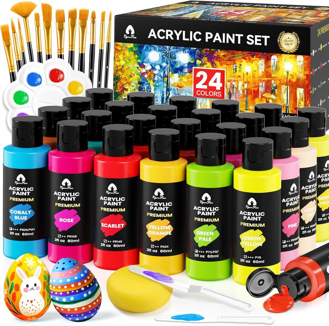 40 Pcs Acrylic Paint Set - 24 Colors (2oz/60ml) with 12 Brushes, 2 Knives & Palette - Rich Pigments for Adult, Artists & Beginners - Painting on Halloween Pumpkin Canvas Ceramic Rock Wood