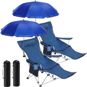 Karenhi 2 Set Reclining Beach Chair with Umbrella for Adult Folding Camping Chair with Foot Rest Adjustable Clamp Canopy Shade for Outdoor Patio Travel Beach Fishing Picnic(Blue)