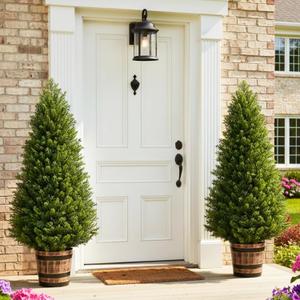 Artificial Cedar Topiary Trees, 4FT Cypress Shrubs Porch Decor | 2 Set Outdoor Indoor Faux Pine Plants, Realistic Fake Plant, Bushes for Home Front Door Offices Gardening Potted Plant Decor