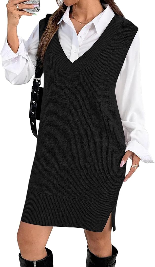Zeagoo Women's V Neck Sweater Vest Dress Oversized Sleeveless Casual Pullover Sweater Fall Winter Knit Slit Short Dress (XX-Large, Black)