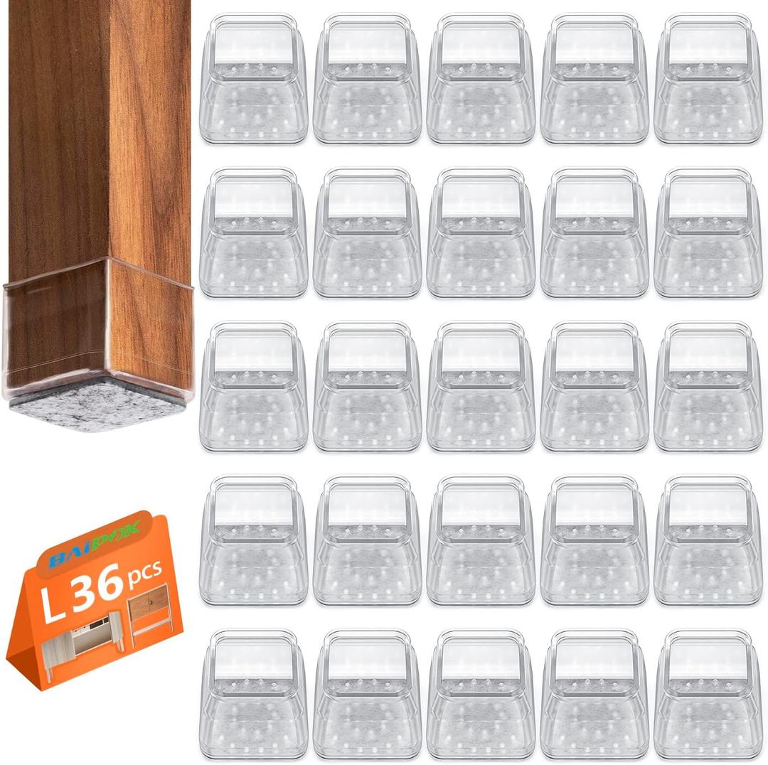 BAIPOK 36pcs Square Chair Leg Floor Protectors, Furniture Felt Pads for Hardwood Floors, Furniture Sliders for Chair Legs, Floor Protectors for Chairs, Silicone Chair Leg Caps Cover, Large, Clear