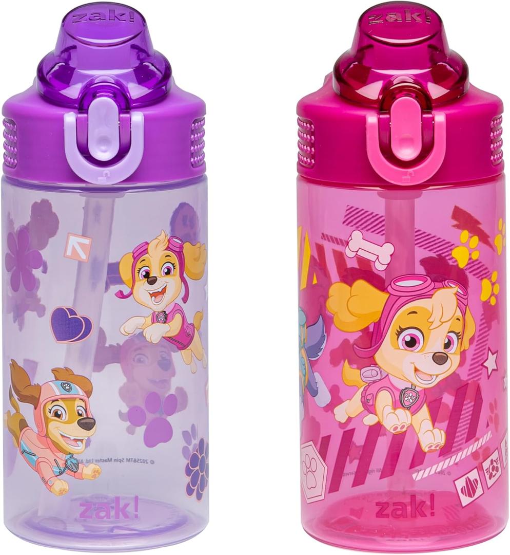 Zak Designs PAW Patrol Sage Kids Water Bottle For School or Travel, 16oz Durable Plastic Water Bottle With Straw, Handle, and Leak-Proof, Pop-Up Spout Cover, 2-Pack Set (Skye & Friends)