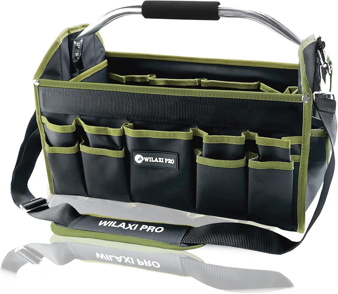 16in Foldable Open Top Tool Tote, Tool Bags For Men Heavy Duty, Tool Carrier tool bag hard With Handle, Wide Mouth Electrician Tool Tote, Many Pockets Can Hold Many