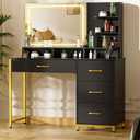 COMHOMA Vanity Desk with Mirror and Lights, Makeup Vanity Table with 4 Drawers & Storage Shelves, Large HD Mirror, 3 Color Modes & Adjustable Brightness, Modern Dressing Table for Bedroom, Black