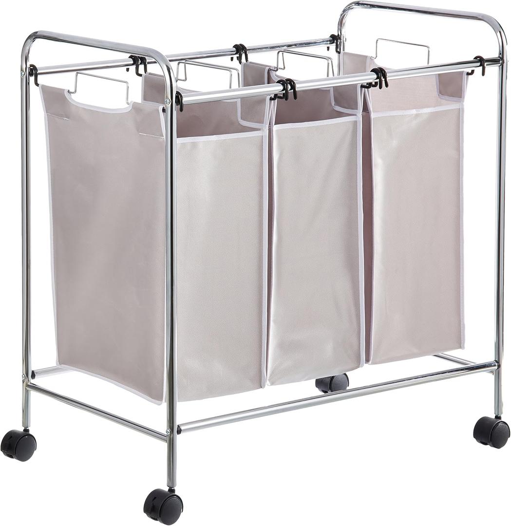 Amazon Basics 3-Bag Laundry Sorter with Removable Bags, Metal Frame, Washable, Locking Wheels, Gray, 30.7 Inches X 18.1 Inches X 33.9 Inches