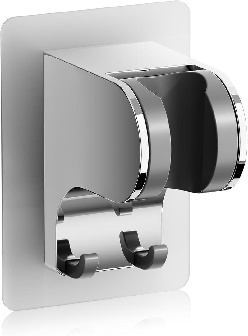 JONKEAN Shower Head Holder Without Drilling, 3m Handheld Shower Head Holder Adhesive, 50Adjustable Shower Wand Holder Wall Mount, Shower Head Bracket with Hook (Chrome, 1 Pack)