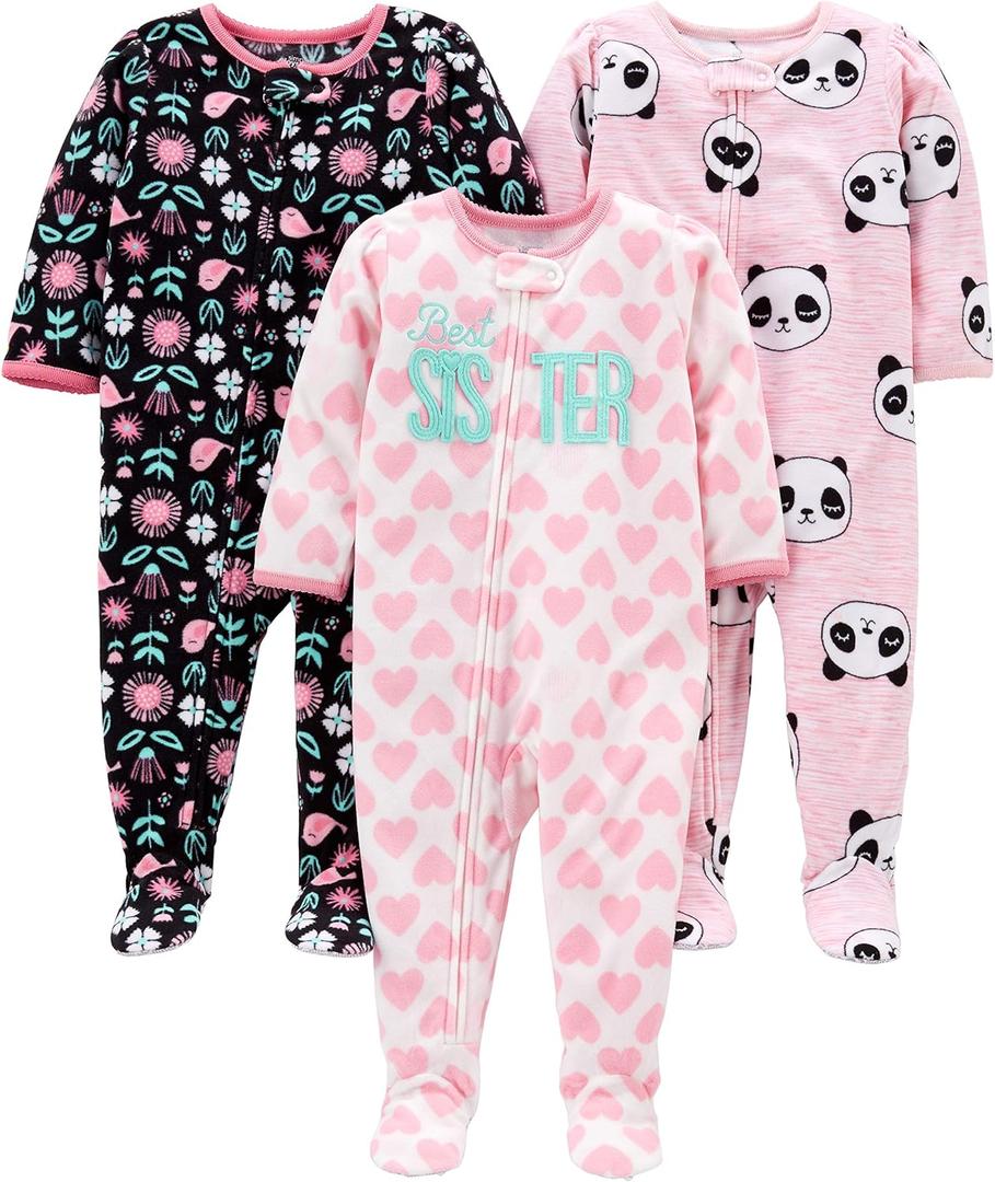Simple Joys by Carter's Toddlers and Baby Girls' Loose-Fit Flame Resistant Fleece Footed Pajamas, Pack of 3 (Black Floral/Pink Panda/White Hearts)