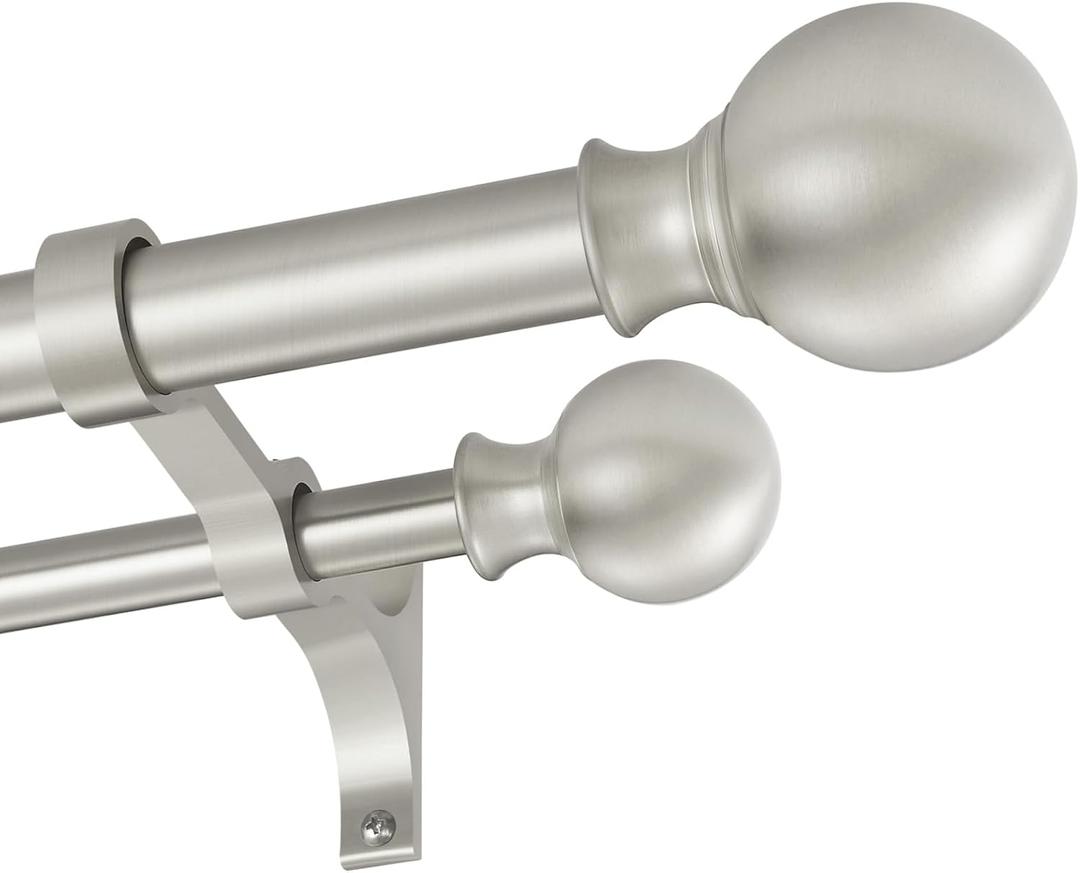 Double Curtain Rods 72-144 Inches with Round Finials, 1 Inch Heavy Duty Drapery Rod with Unique Aluminum Alloy Brackets for Windows, Sliding Door, Patio, Living Room Decoration, Brushed Nickel